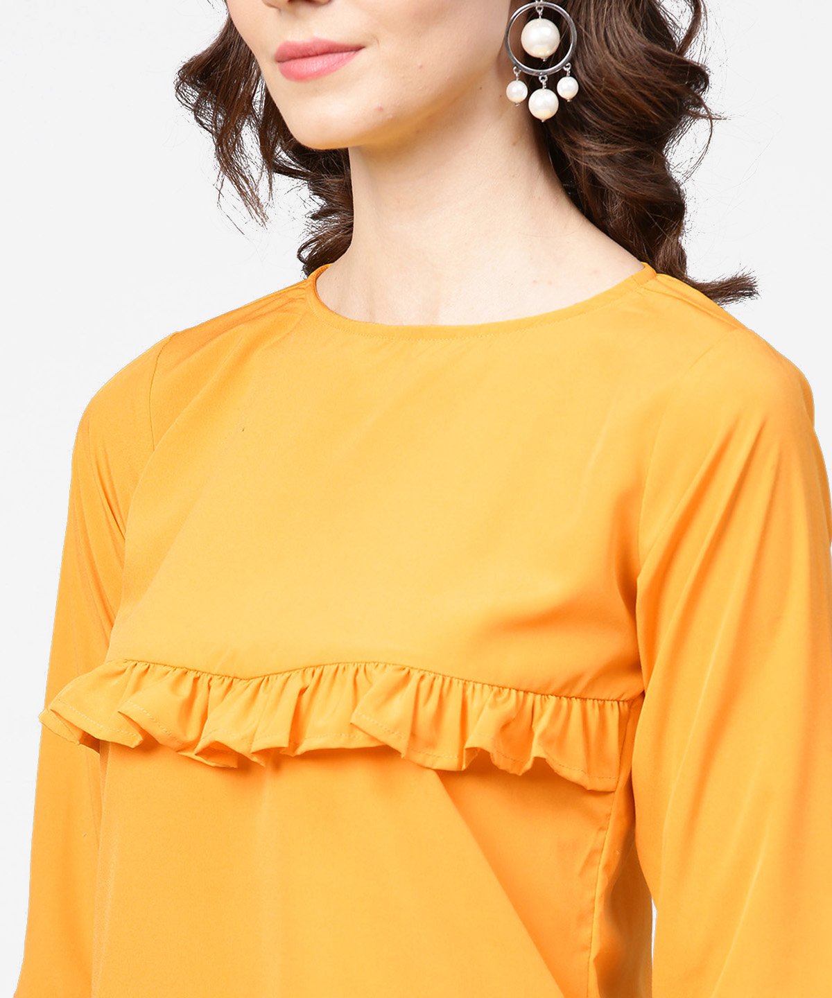 Women's Yellow 3/4Th Sleeve Ruffle Tops