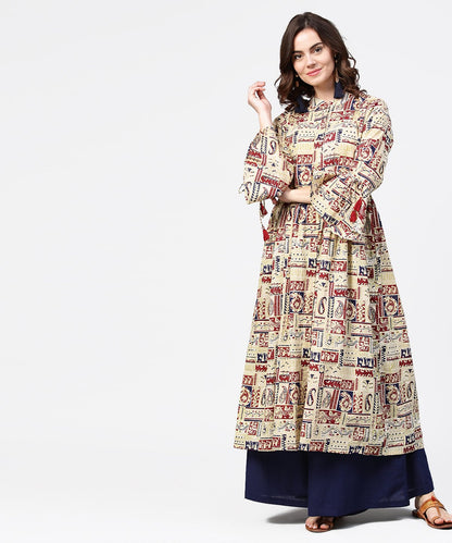 Women's Beige Full Sleeve Cotton Anarkali Kurta With Blue Flared Ankle Length Palazzo