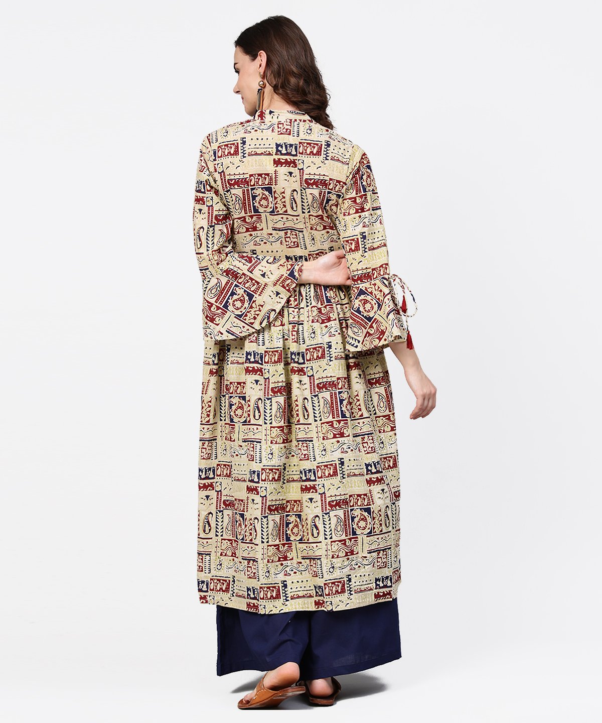 Women's Beige Full Sleeve Cotton Anarkali Kurta With Blue Flared Ankle Length Palazzo