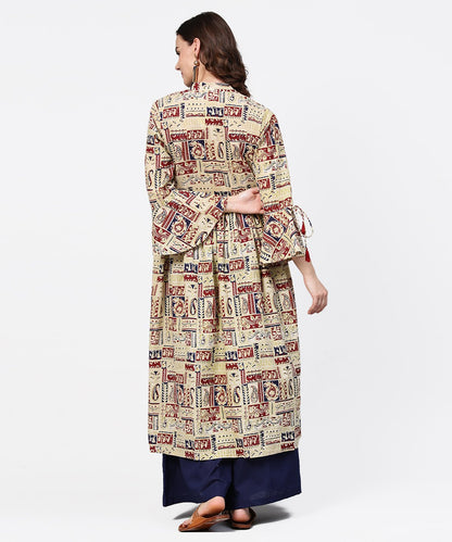 Women's Beige Full Sleeve Cotton Anarkali Kurta With Blue Flared Ankle Length Palazzo