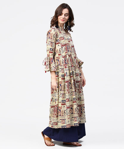 Women's Beige Full Sleeve Cotton Anarkali Kurta With Blue Flared Ankle Length Palazzo