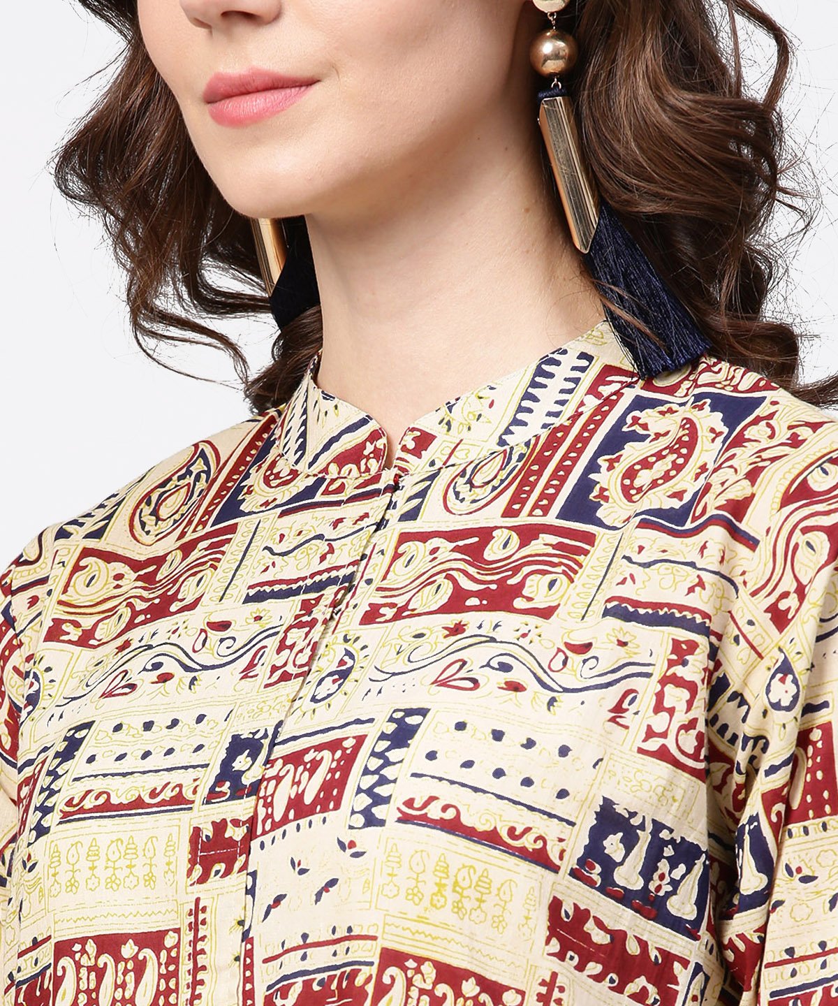 Women's Beige Full Sleeve Cotton Anarkali Kurta With Blue Flared Ankle Length Palazzo