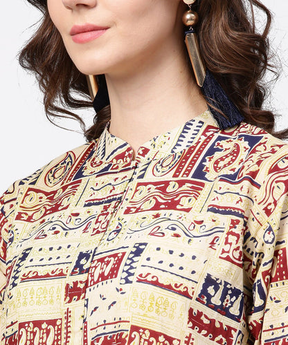 Women's Beige Full Sleeve Cotton Anarkali Kurta With Blue Flared Ankle Length Palazzo