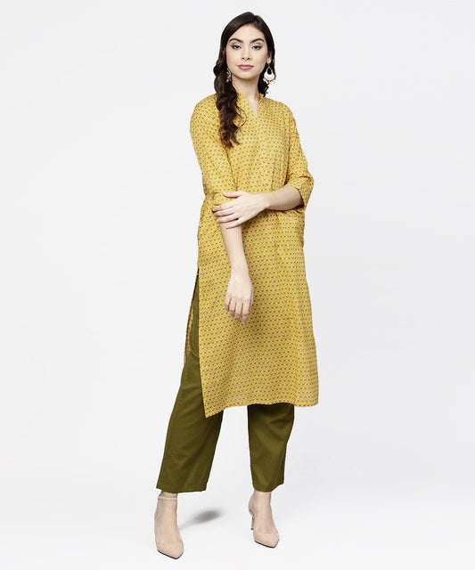 Women's Yellow 3/4Th Sleeve Printed Cotton Straight Kurta Green Ankle Length Pallazo