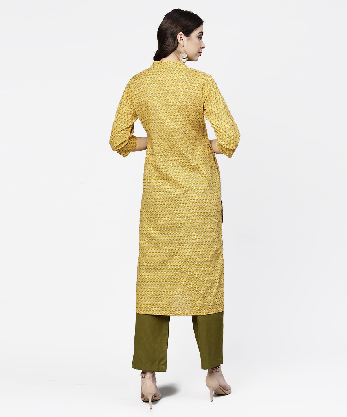 Women's Yellow 3/4Th Sleeve Printed Cotton Straight Kurta Green Ankle Length Pallazo
