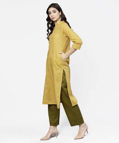 Women's Yellow 3/4Th Sleeve Printed Cotton Straight Kurta Green Ankle Length Pallazo