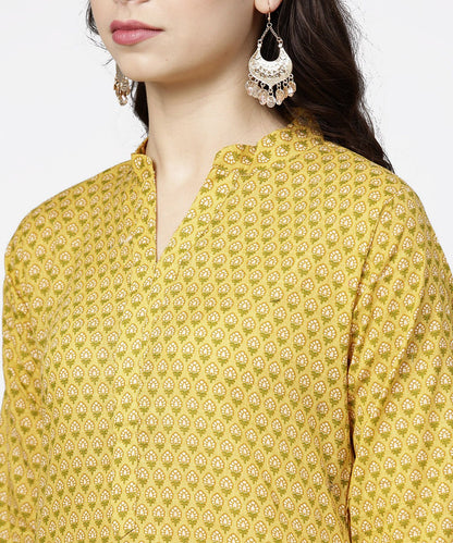 Women's Yellow 3/4Th Sleeve Printed Cotton Straight Kurta Green Ankle Length Pallazo