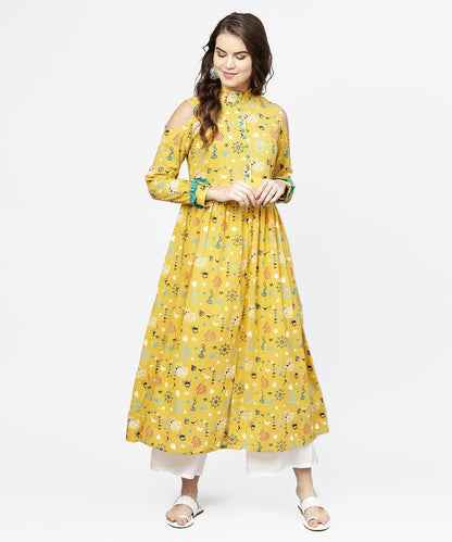Women's Yellow Printed 3/4Th Cold Shoulder Sleeve Cotton Kurta