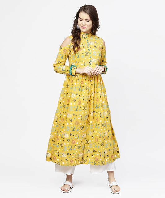 Women's Yellow Printed 3/4Th Cold Shoulder Sleeve Cotton Kurta