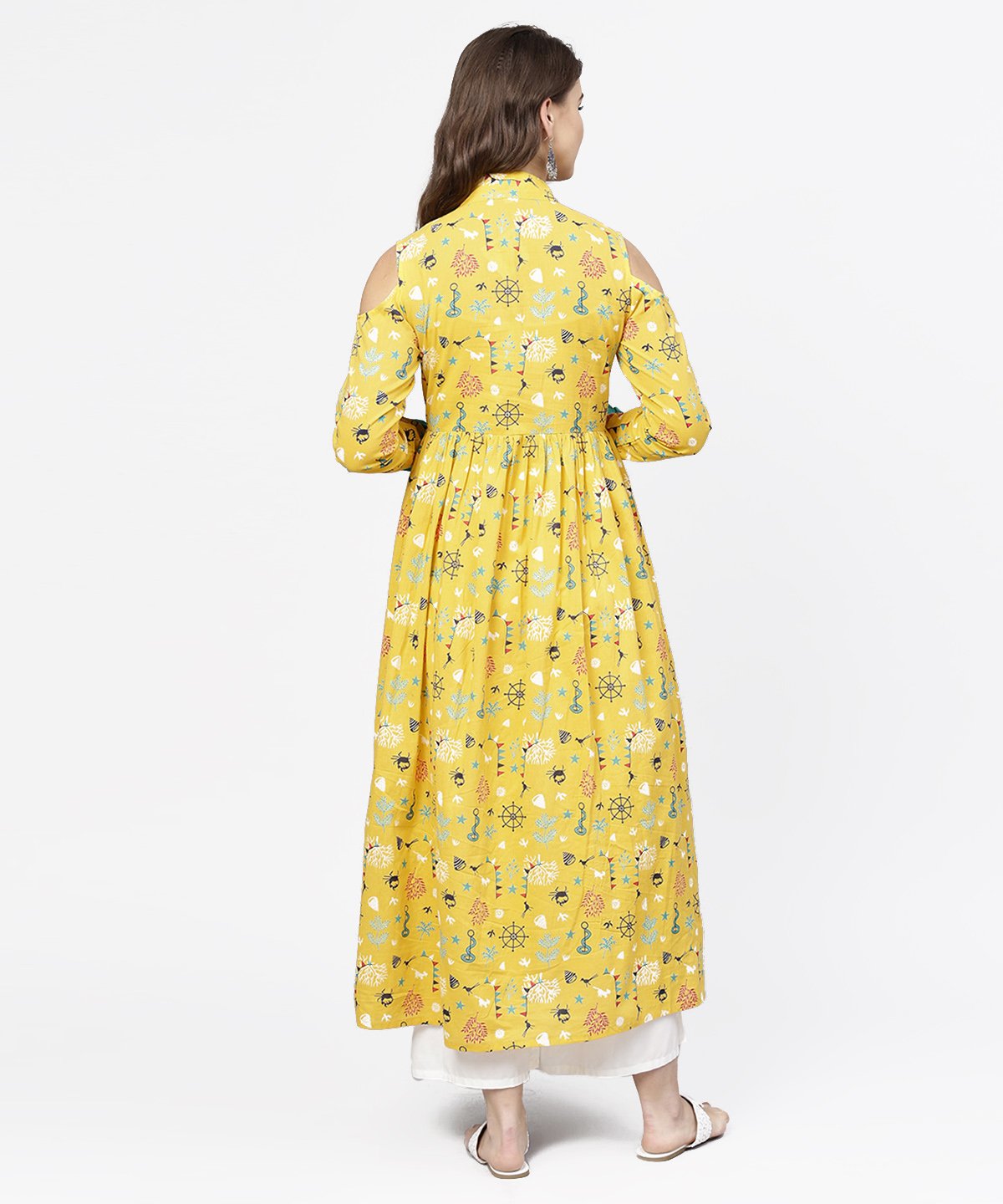 Women's Yellow Printed 3/4Th Cold Shoulder Sleeve Cotton Kurta