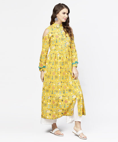Women's Yellow Printed 3/4Th Cold Shoulder Sleeve Cotton Kurta
