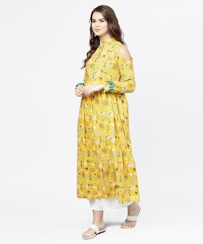 Women's Yellow Printed 3/4Th Cold Shoulder Sleeve Cotton Kurta