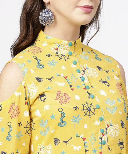 Women's Yellow Printed 3/4Th Cold Shoulder Sleeve Cotton Kurta