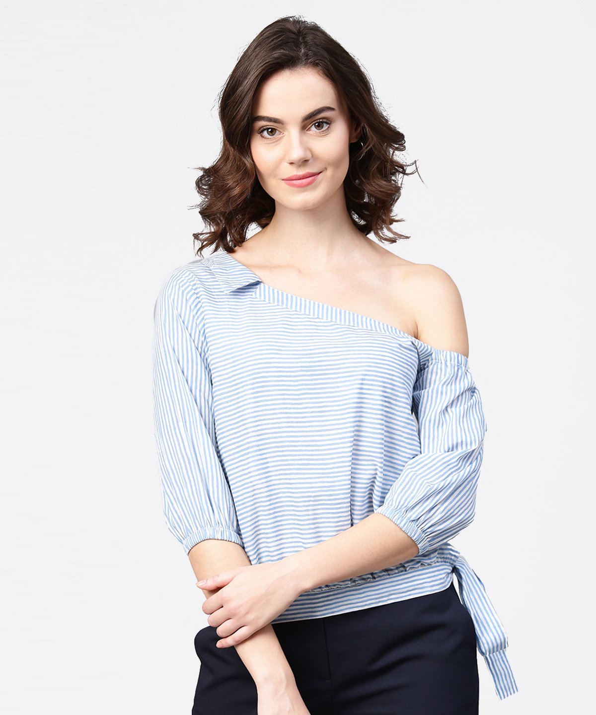 Women's Blue Striped Half One Side Off Shoulder Cotton Tops