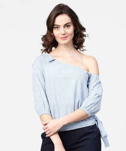 Women's Blue Striped Half One Side Off Shoulder Cotton Tops