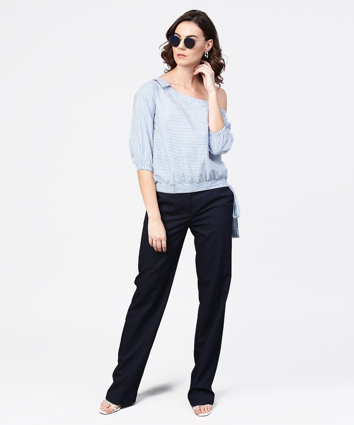 Women's Blue Striped Half One Side Off Shoulder Cotton Tops