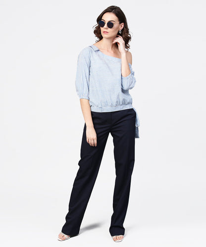 Women's Blue Striped Half One Side Off Shoulder Cotton Tops