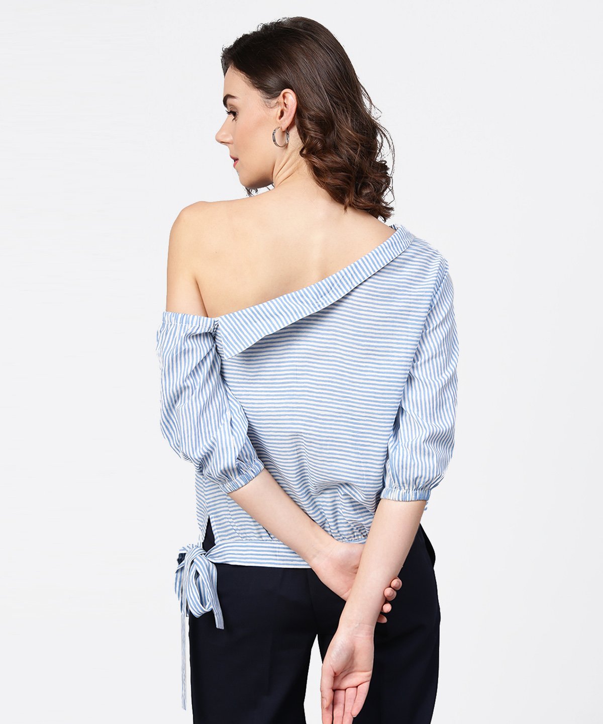 Women's Blue Striped Half One Side Off Shoulder Cotton Tops