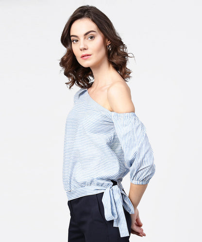 Women's Blue Striped Half One Side Off Shoulder Cotton Tops