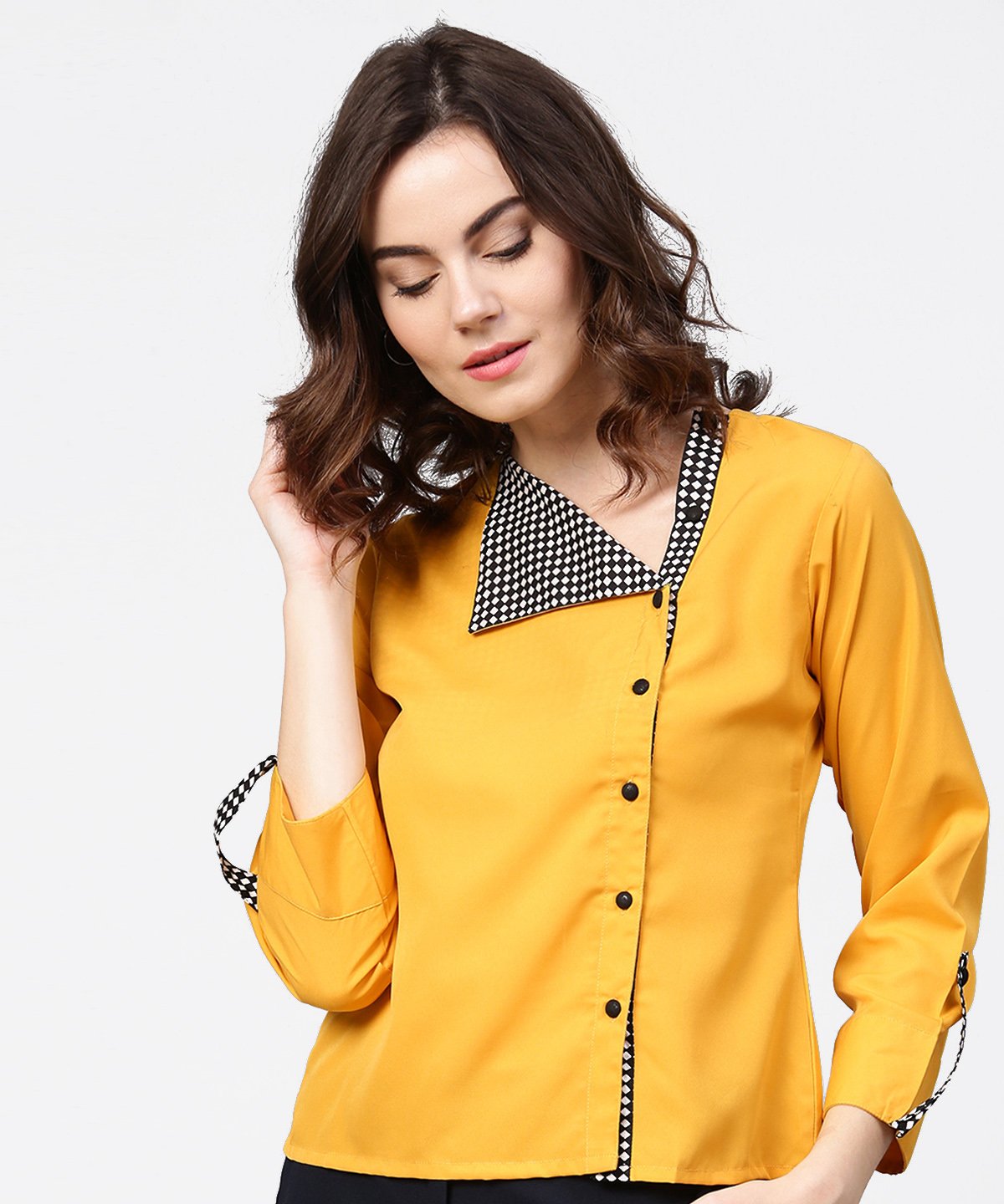 Women's Yellow Full Sleeve Crepe Front Open Tops