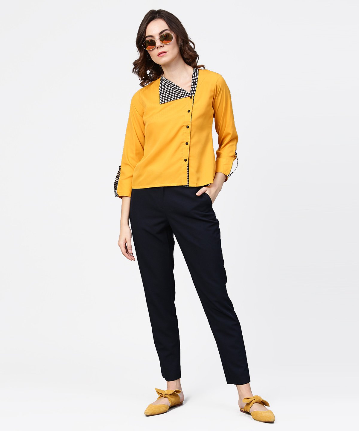 Women's Yellow Full Sleeve Crepe Front Open Tops