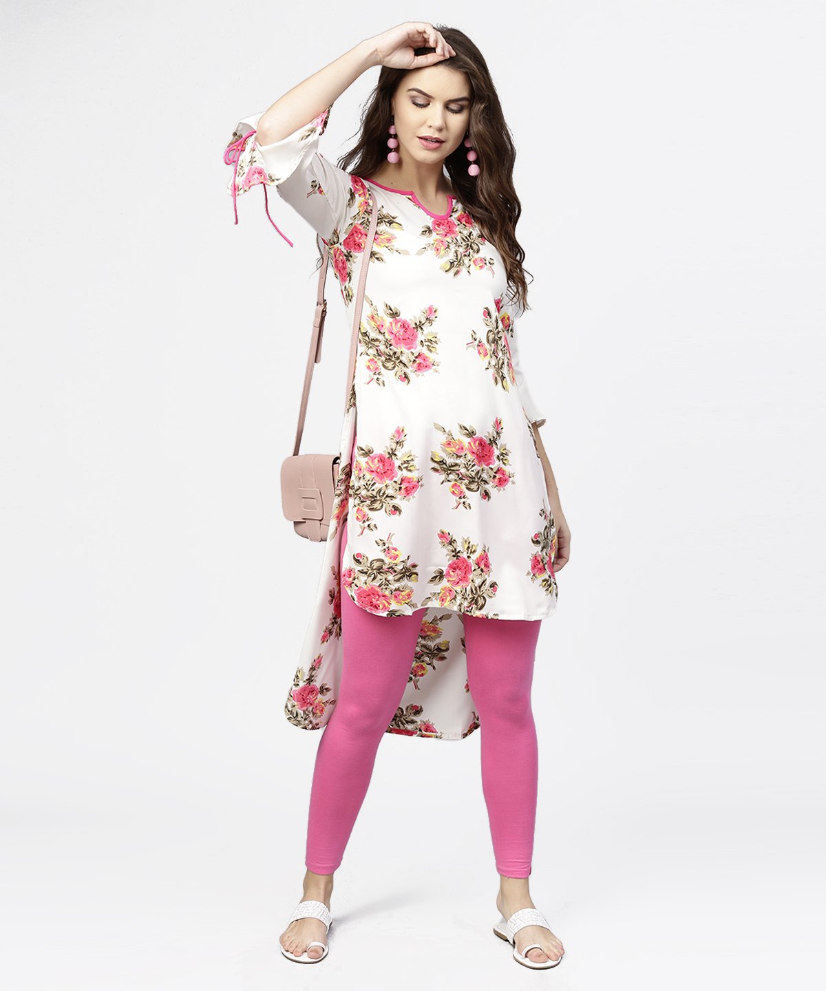 Women's Off White Flower Print 3/4Th Sleeve Crepe Low High Kurta