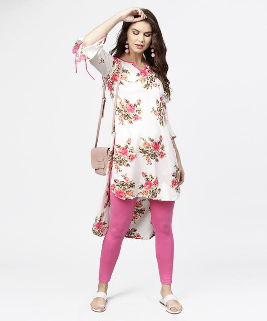 Women's Off White Flower Print 3/4Th Sleeve Crepe Low High Kurta