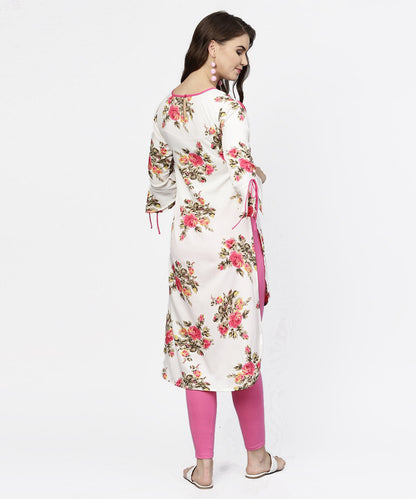 Women's Off White Flower Print 3/4Th Sleeve Crepe Low High Kurta