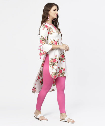Women's Off White Flower Print 3/4Th Sleeve Crepe Low High Kurta