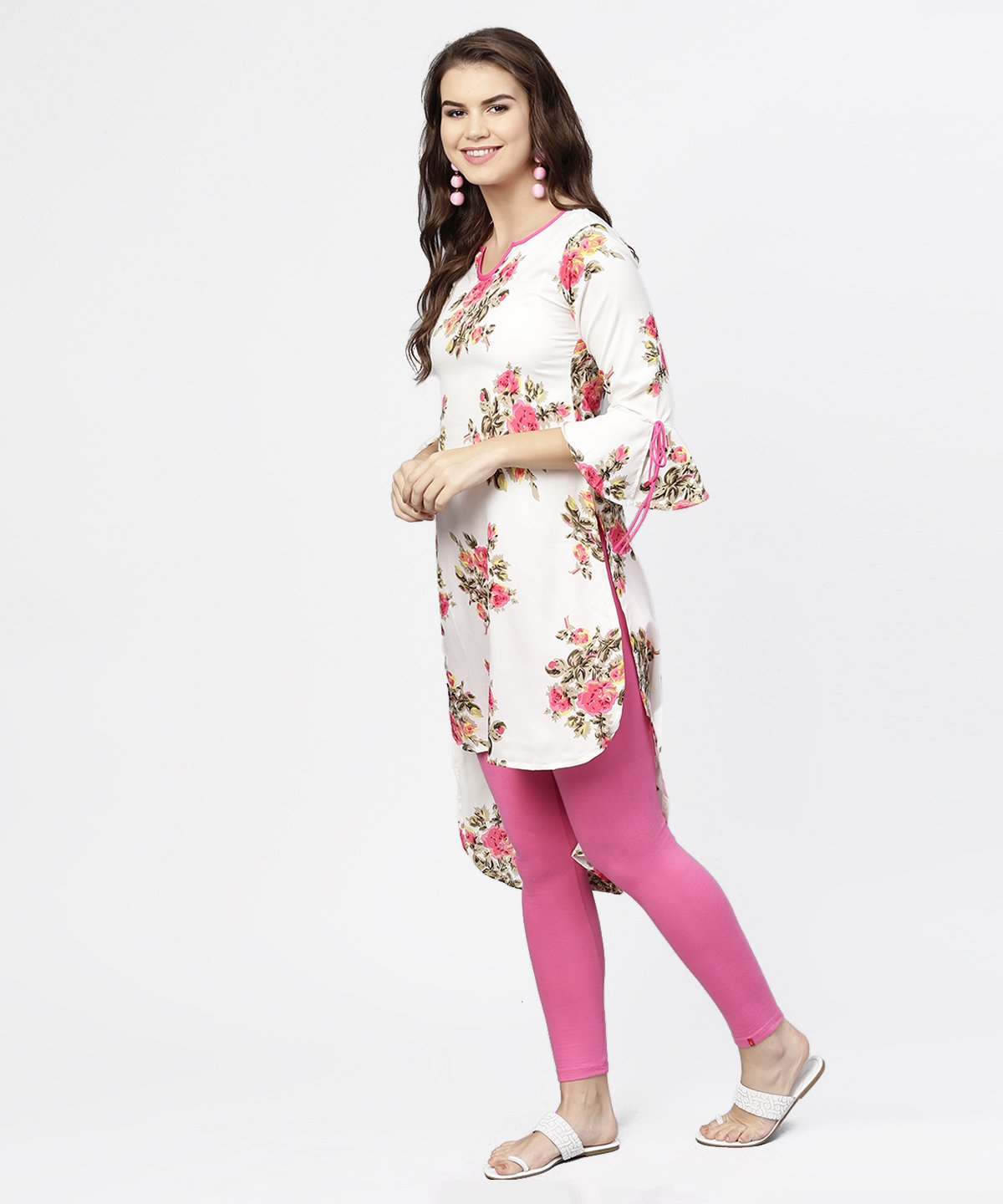 Women's Off White Flower Print 3/4Th Sleeve Crepe Low High Kurta