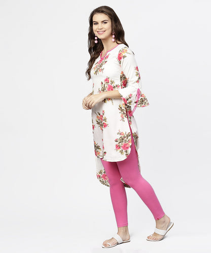 Women's Off White Flower Print 3/4Th Sleeve Crepe Low High Kurta