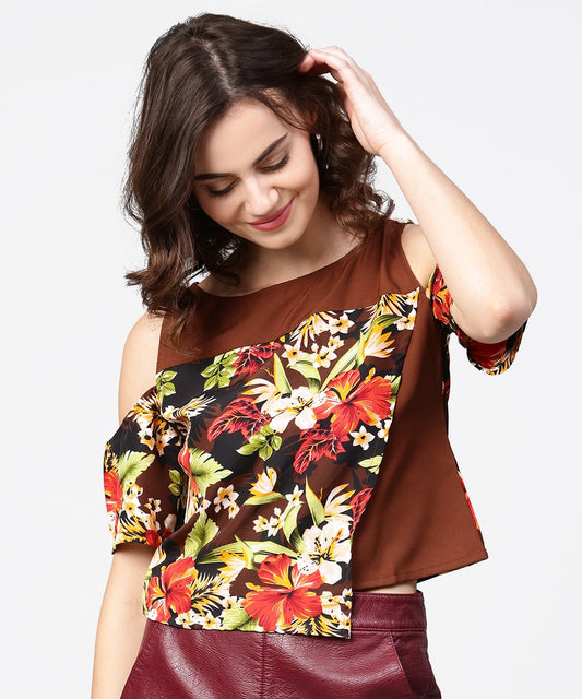 Women's Coffee Brown Printed Short Cold Shoulder Crepe Tops