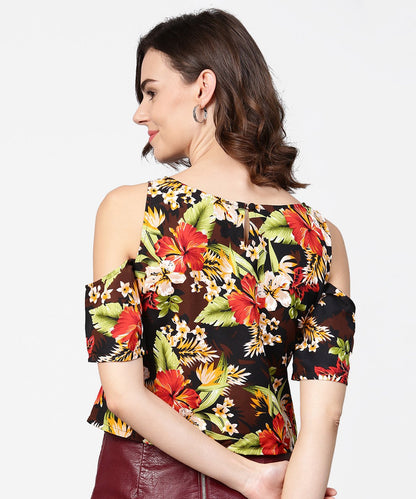 Women's Coffee Brown Printed Short Cold Shoulder Crepe Tops