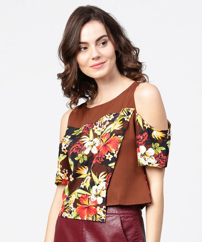 Women's Coffee Brown Printed Short Cold Shoulder Crepe Tops