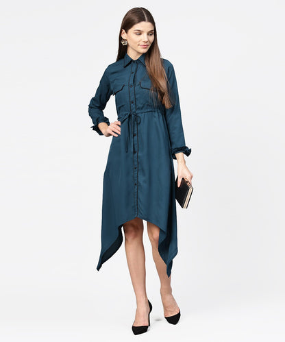 Women's Blue Full Sleeve Crepe Front Open Dress With Front Pocket And Belt