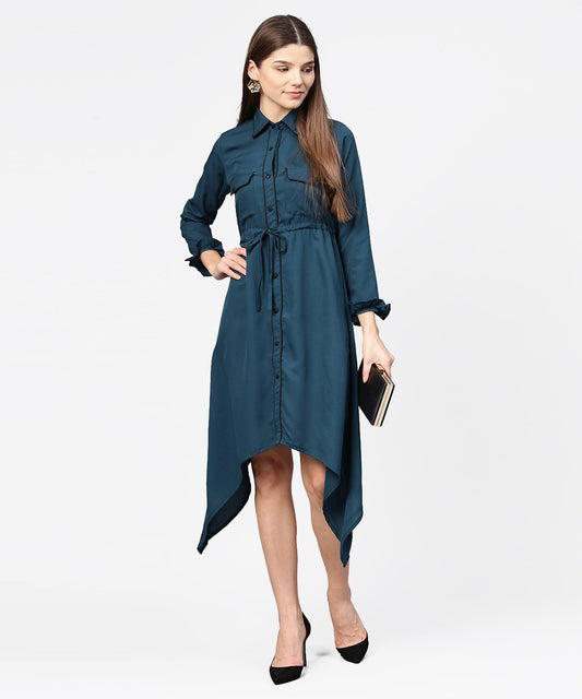Women's Blue Full Sleeve Crepe Front Open Dress With Front Pocket And Belt