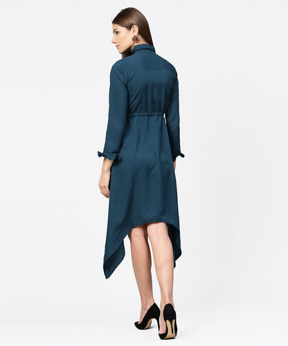Women's Blue Full Sleeve Crepe Front Open Dress With Front Pocket And Belt
