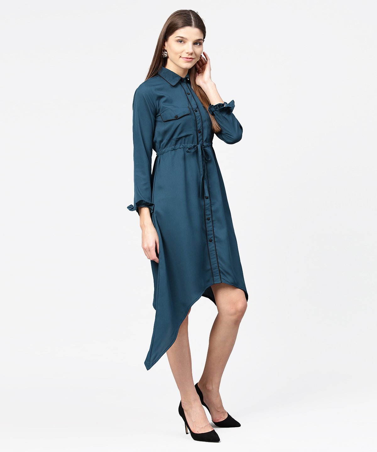 Women's Blue Full Sleeve Crepe Front Open Dress With Front Pocket And Belt