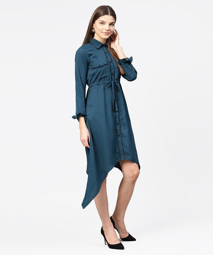 Women's Blue Full Sleeve Crepe Front Open Dress With Front Pocket And Belt