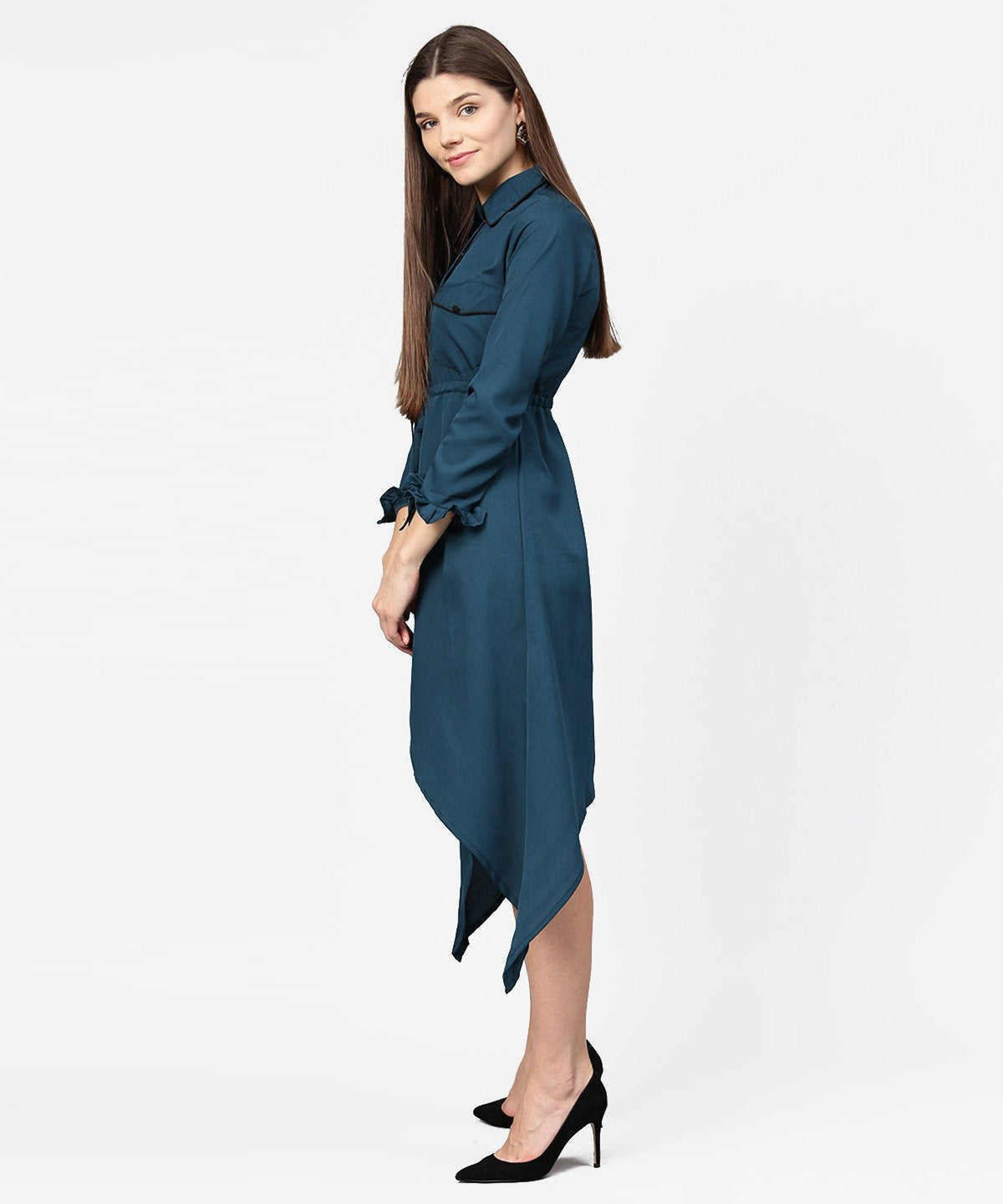 Women's Blue Full Sleeve Crepe Front Open Dress With Front Pocket And Belt