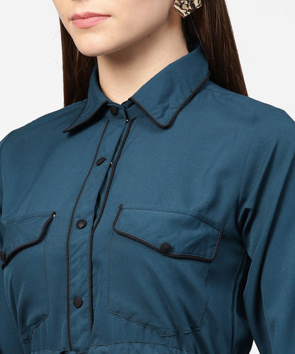 Women's Blue Full Sleeve Crepe Front Open Dress With Front Pocket And Belt