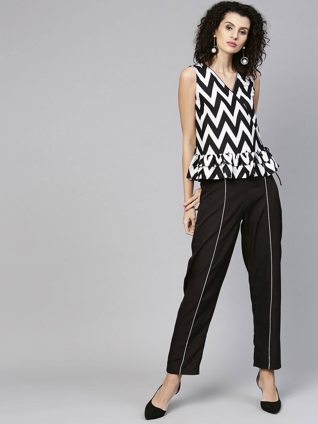 Women's Black & White Printed Top With Trouser