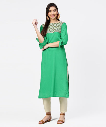 Women's Green Yoke Printed Half Sleeve Cotton Kurta With Cream Ankle Length Pallazo