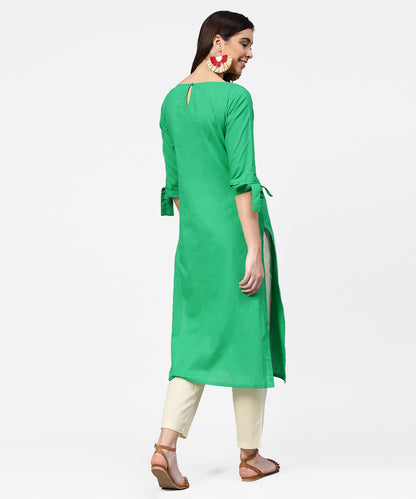 Women's Green Yoke Printed Half Sleeve Cotton Kurta With Cream Ankle Length Pallazo