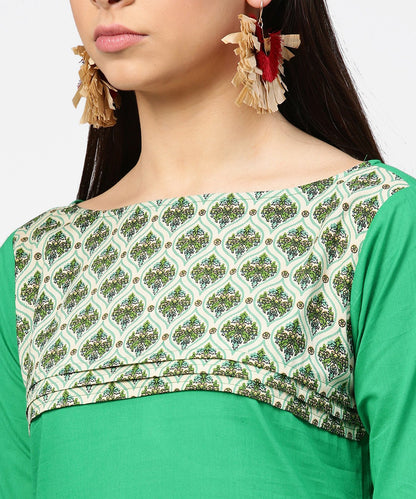 Women's Green Yoke Printed Half Sleeve Cotton Kurta With Cream Ankle Length Pallazo