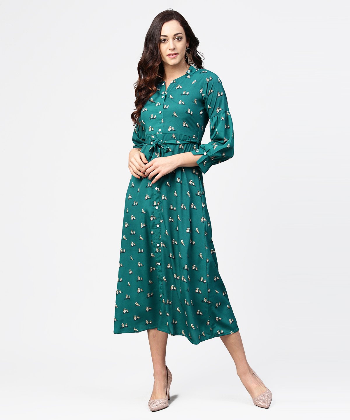 Women's Blue Printed Full Sleeve Maxi Dress With Belt