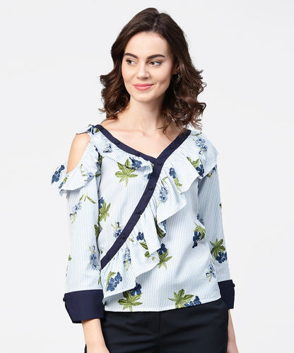 Women's Blue Striped 3/4Th Sleeve Cold Shoulder Ruffle Top