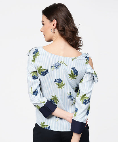 Women's Blue Striped 3/4Th Sleeve Cold Shoulder Ruffle Top