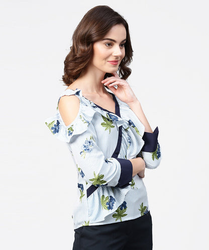 Women's Blue Striped 3/4Th Sleeve Cold Shoulder Ruffle Top