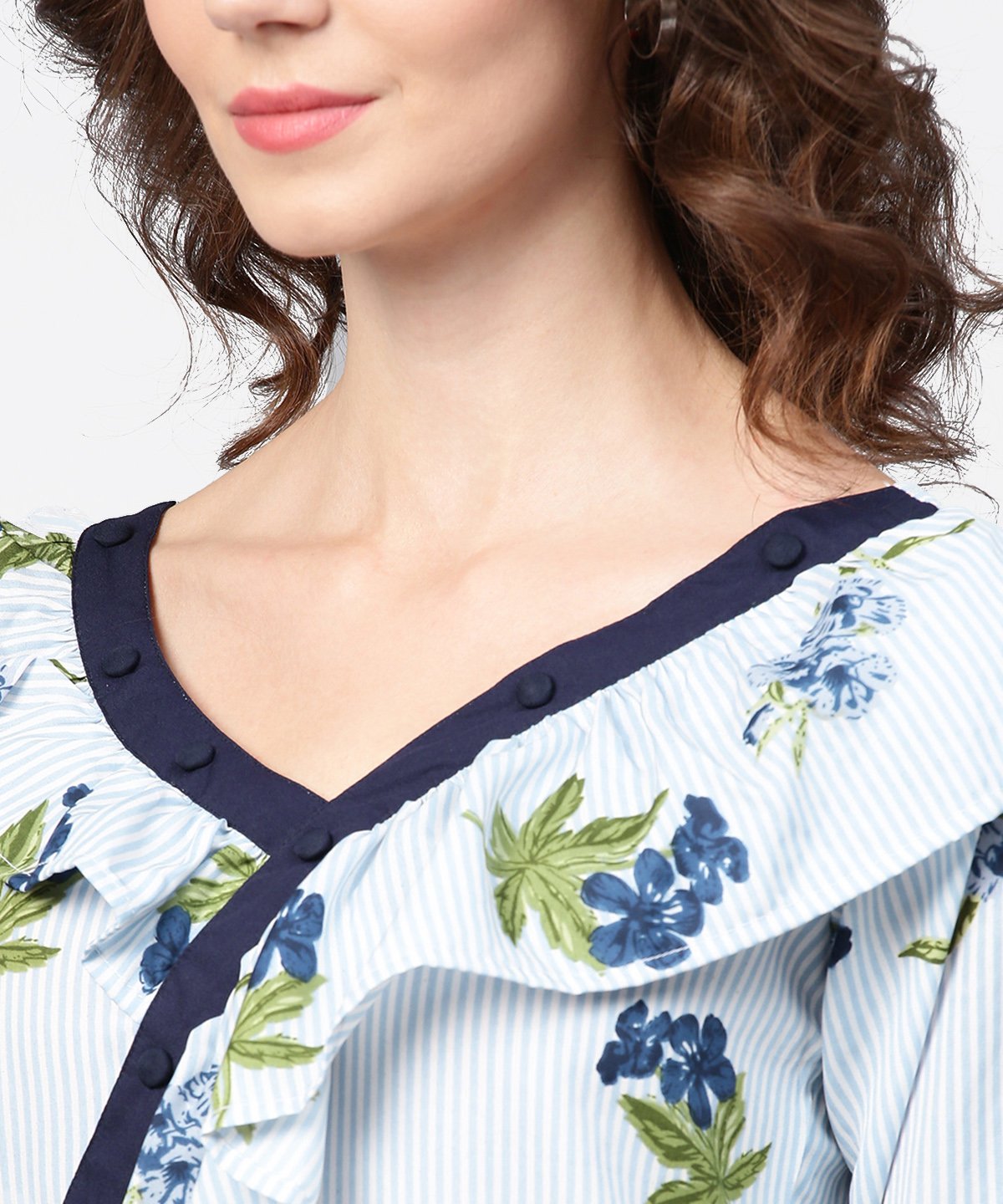 Women's Blue Striped 3/4Th Sleeve Cold Shoulder Ruffle Top
